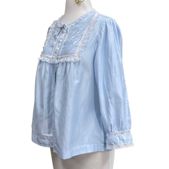 Vintage Lace Pajama Top Wmns Small Pastel Blue Embroidered Long Slv Barbizon 80s - Picture 3 of 13